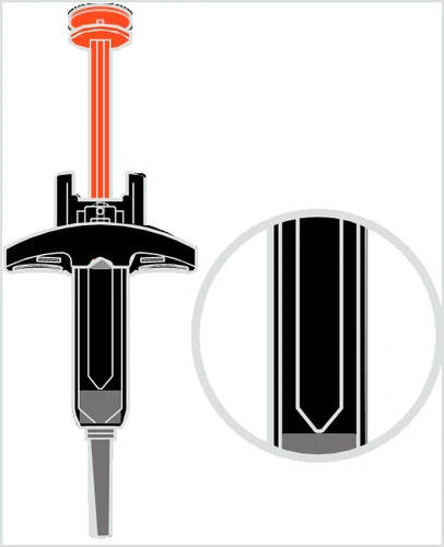 Technical diagram of a medical device with orange plunger and black body, with a magnification showing the sharp tip of the device