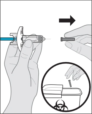 Hands removing the cap from a syringe and discarding the used component into a hazardous biological waste container