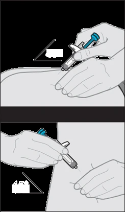 Two illustrations showing how to insert a syringe with a needle at a 45-degree angle and then vertically into the body's skin using both hands