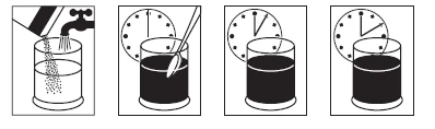Sequence of four illustrations showing drug preparation by pouring powder into a glass, mixing, and waiting for different time intervals