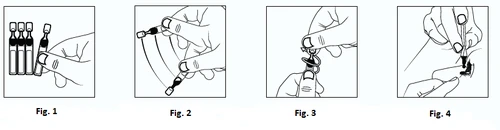 Sequence of four drawings showing how to handle vials, shake them, open them, and withdraw the liquid with a syringe