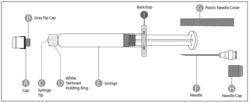 Diagramma tecnico di una siringa con componenti etichettate: cappuccio, punta, anello di presa, corpo siringa, arresto, ago e cappuccio dell'ago