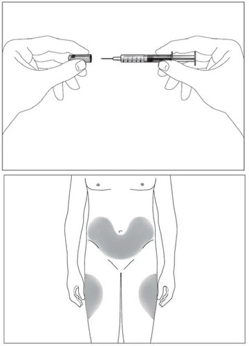 Dibujo técnico que muestra dos manos preparando una jeringa y un cuerpo humano con áreas grises en
