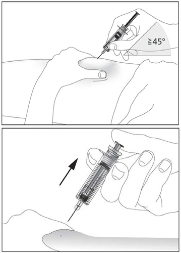 Dibujo técnico que muestra una mano insertando una aguja con una jeringa en un brazo con un ángulo mayor o igual a 45 grados