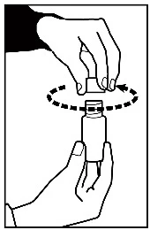 Two hands hold a vial while the upper hand twists the cap clockwise, indicated by a dashed circular arrow