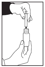 One hand holds a syringe with a needle above the neck of a vial while the