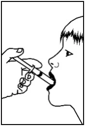 Black and white drawing of a hand holding a needle-free syringe inserting it into a child's mouth to administer medication