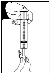 One hand holds a graduated syringe vertically while the