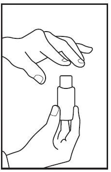 Two hands holding a cylindrical vial preparing to administer medication in a black and white line drawing