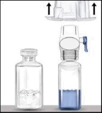 Diagramma che mostra un flacon di vetro trasparente vuoto accanto a un secondo flacon contenente liquido blu con un dispositivo di dosaggio sopra