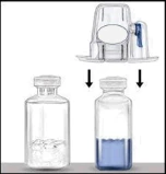 Diagramma che mostra l'inserimento di un cappuccio trasparente sopra un flaconcino di vetro per sigillarlo con un liquido blu all'interno
