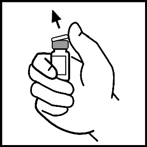 Una mano tiene saldamente un piccolo flacon con il tappo mentre l'altra mano lo ruota verso l'alto indicato da una freccia nera