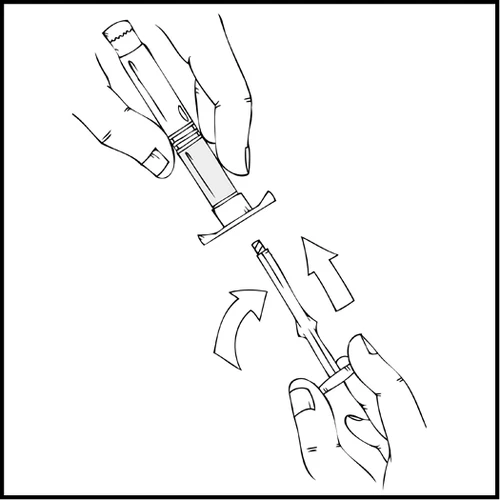 Disegno tecnico che mostra due mani che separano i componenti di un dispositivo medico con frecce curve che indicano il movimento di distacco
