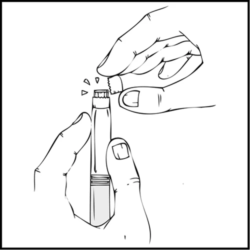 Disegno a linee nere che mostra due mani che rimuovono il cappuccio protettivo da una penna iniettore medica per la somministrazione di un farmaco