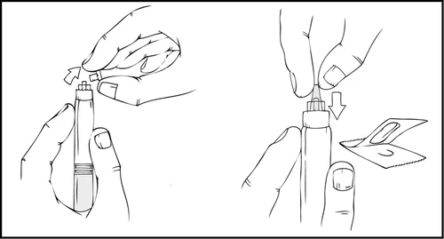 Disegno tecnico che mostra due fasi: a sinistra mani che rimuovono il cappuccio da una penna iniettiva, a destra mani che premono il dispositivo verso il basso