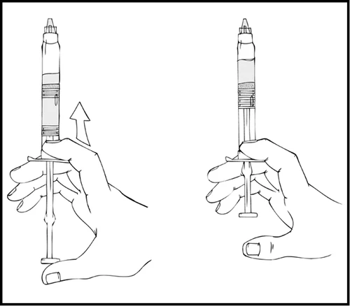Disegno tecnico di una mano che impugna una siringa con un movimento verso l'alto per spingere lo stantuffo e riempire il cilindro