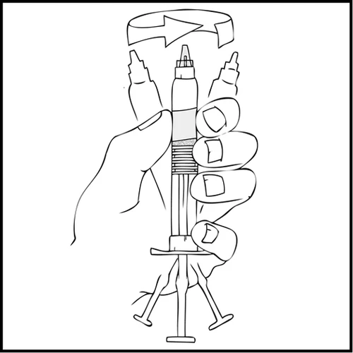 Disegno in bianco e nero di una mano che impugna una penna iniettore con una freccia circolare che indica il movimento di rotazione in alto