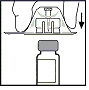 Diagramma che mostra un dispositivo medico che viene premuto verso il basso con una freccia nera sopra un flaconcino di farmaco