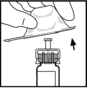Una mano tiene un contenitore sopra il tappo di un flacone medico con una freccia che indica il movimento verso il basso per l'apertura