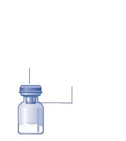 Medical illustration of a transparent glass vial with a blue cap containing white powder and two thin black lines indicating parts of the container