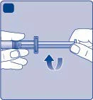 Two hands holding a horizontal syringe with a blue curved arrow indicating a rotational movement to the left