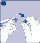 Two hands removing a protective cap from a cylindrical medical device with a blue arrow indicating the movement upward