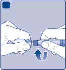 Two hands holding and rotating a part of a medical device with a blue curved arrow indicating clockwise rotational movement