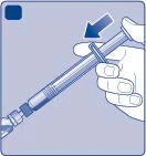 A hand holding an angled syringe with a blue arrow indicating downward plunger pressure movement