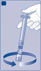A hand holding a syringe to screw it onto a drug vial with a circular arrow indicating rotational movement