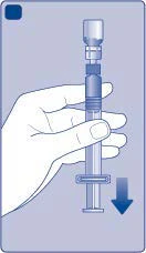 A hand holding a syringe vertically with a blue arrow pointing downward indicating plunger depression