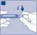 Two hands holding a syringe and a medical device, with a curved arrow indicating rotational movement for attachment