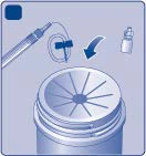 Medical diagram showing a syringe with needle drawing content from a vial into a circular container with a star-shaped opening
