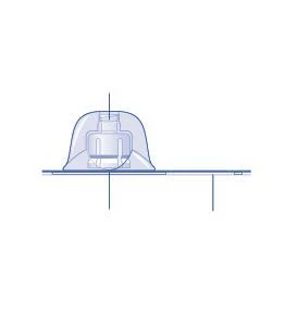 Blue technical diagram on a white background showing a cross-sectional view of a medical device with a transparent dome on a flat base