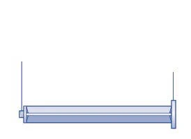 Technical diagram of a horizontal syringe with a transparent cylindrical body and two thin vertical lines indicating its ends