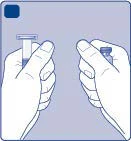 Two hands holding respectively a glass vial and a syringe ready for drug withdrawal, on a light blue background