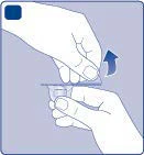 Two hands lifting a transparent lid from a medical container with a blue arrow pointing upward