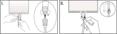 Due diagrammi illustrano l'assemblaggio di un dispositivo medico con mani che inseriscono un connettore e un ingrandimento che mostra la rotazione