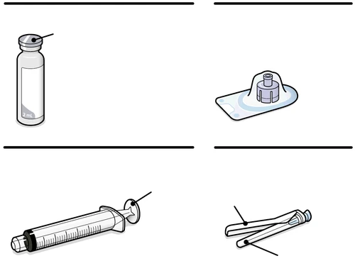 Illustrazione di un flacone da 2 ml, un tappo di gomma, una siringa con graduazione e una confezione di aghi sterili su sfondo bianco