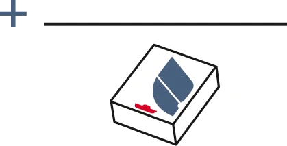 Disegno stilizzato di una scatola bianca con una goccia blu e una piccola macchia rossa su sfondo bianco con una linea nera orizzontale e un segno più blu