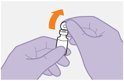 Due mani stilizzate in viola sollevano il tappo di un piccolo flacone bianco con una freccia arancione curva che indica il movimento verso l'alto