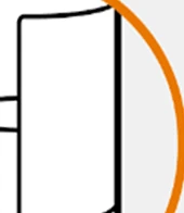 Disegno stilizzato di un contenitore bianco con contorno nero e un arco arancione sulla destra su sfondo grigio chiaro