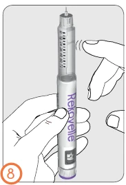 Two hands holding an injection pen vertically with purple markings and numerical scale while a finger presses the top part