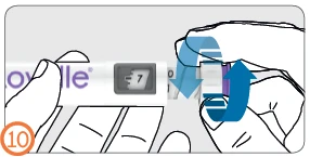 Two hands holding a white medical device with a curved blue arrow indicating a clockwise rotational movement