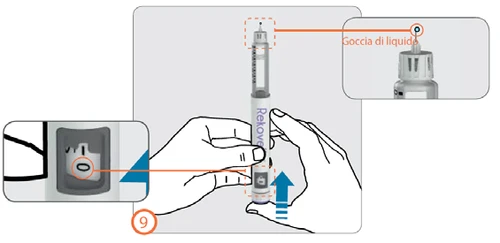 Medical diagram showing hands holding an injection pen with close-ups of a liquid droplet at the tip and a digital display