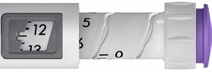 Detail of an injection pen with a viewing window showing the number 12 and a cylindrical body with a graduated scale and a purple knob