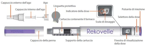 Diagram of the parts of a Rekovelle pen with labels indicating cap, needle, cartridge, dose indicator, dosage scale, and injection button
