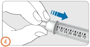 Two hands holding a graduated syringe with a blue arrow indicating clockwise rotation movement and the number 4 in an orange circle