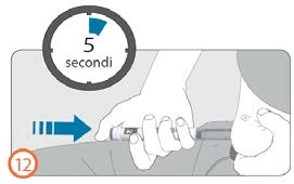 Medical illustration showing a hand holding an injection pen on the thigh with a timer indicating 5 seconds and a blue arrow