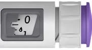 Close-up of a medical device with a digital display showing the numbers 0 and 1 and a purple side button