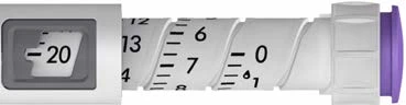 Detail of a medical device with a numbered graduated scale showing marks 20, 13, 12, 8, 7, 6, 1, and 0 on a white and gray cylindrical body